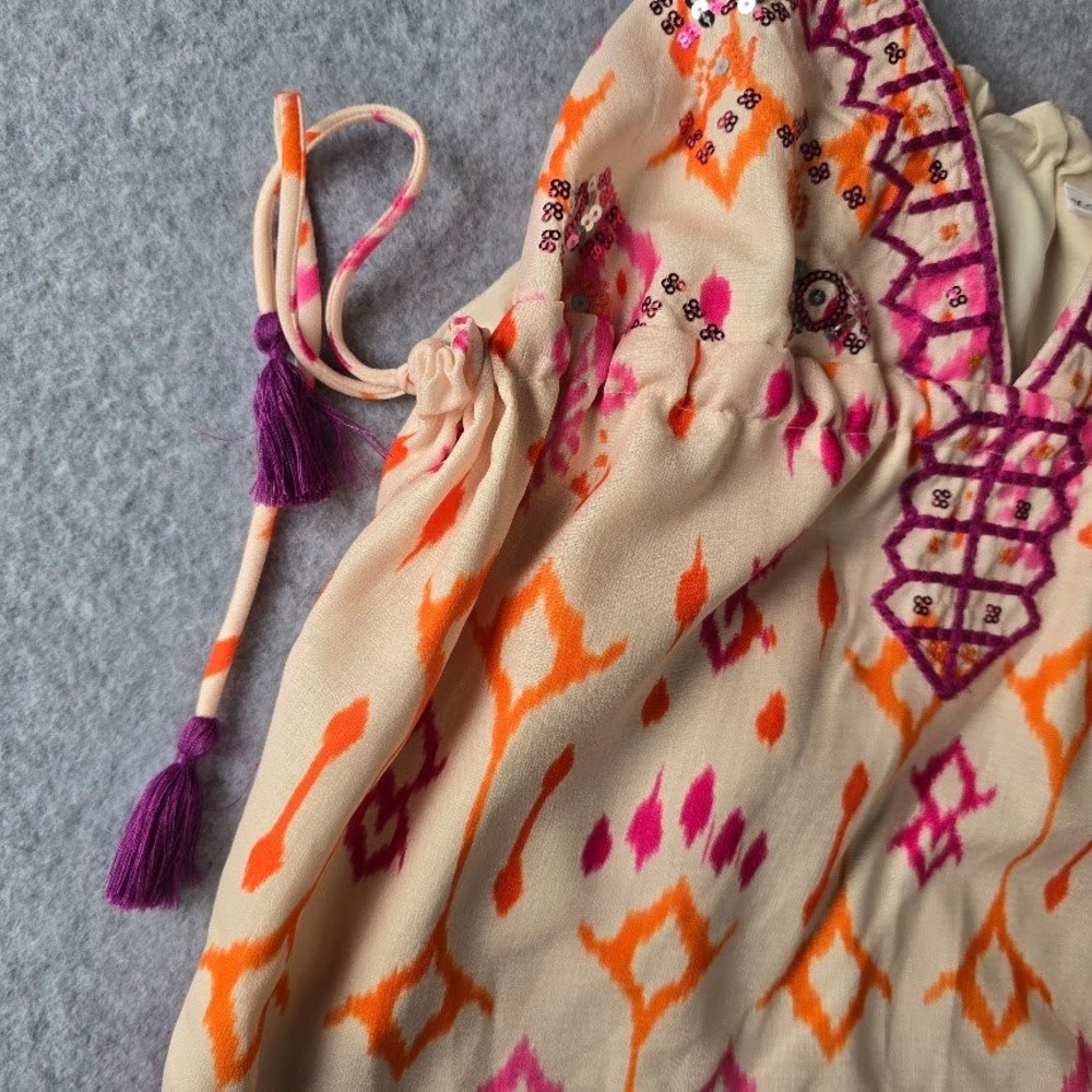 Boho Ikat‎ Print Cami Top Women XS Pink Orange Sequin Tassel Festival Babydoll - Picture 6 of 12